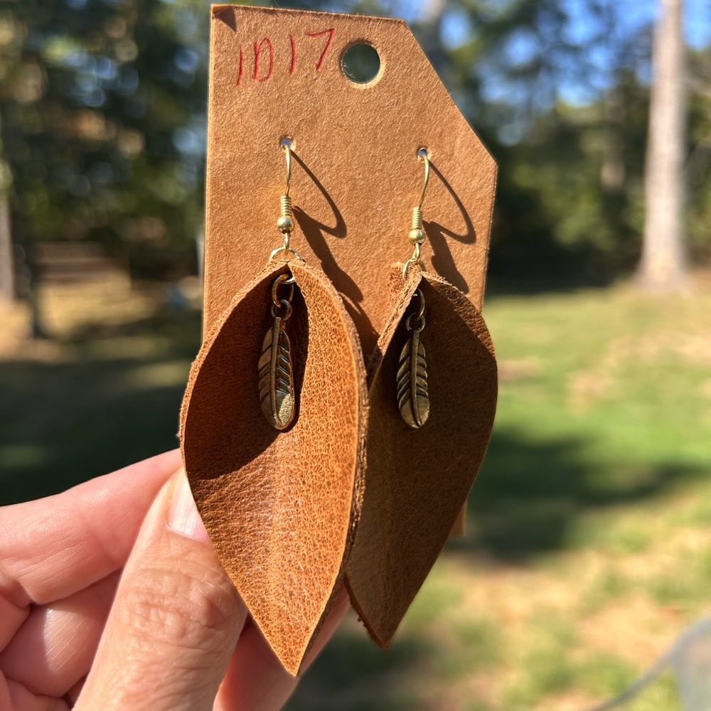 Brown Leather Earrings with gold Feather Charm